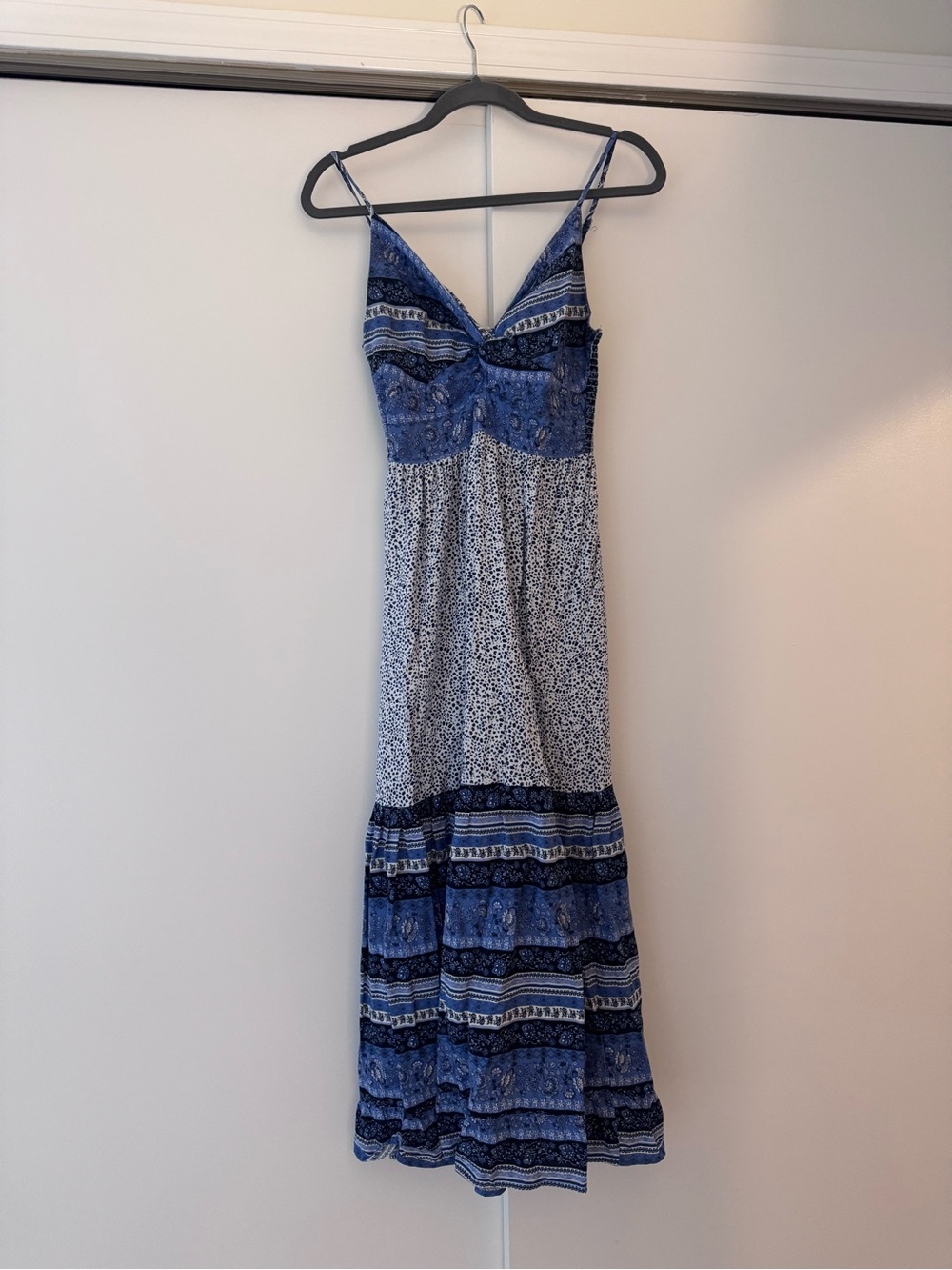 Blue Boho Maxi Dress with Spaghetti Straps